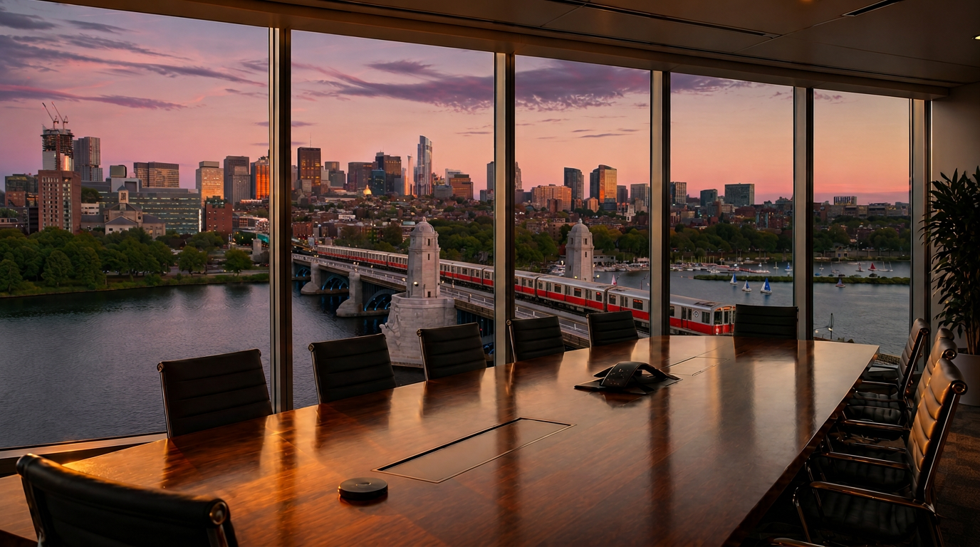 Boston skyline over the Charles River at golden hour